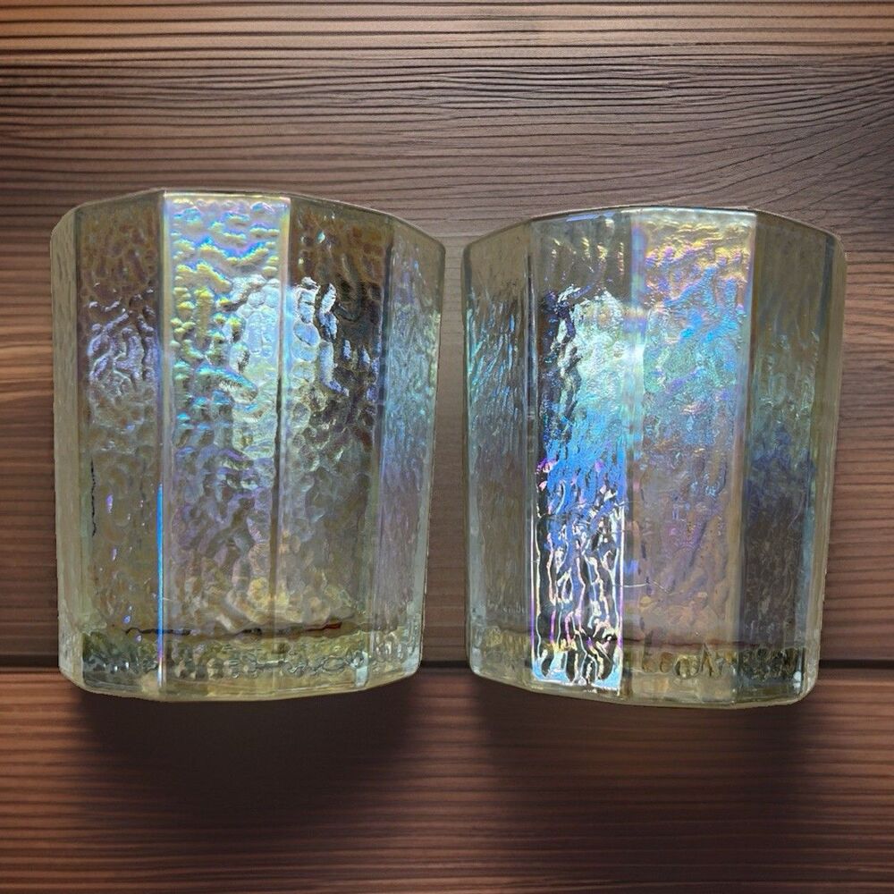 Vintage Hammered, Iridescent, Moon-Glow Lustre Dodecagon Tumblers: Federal Glass